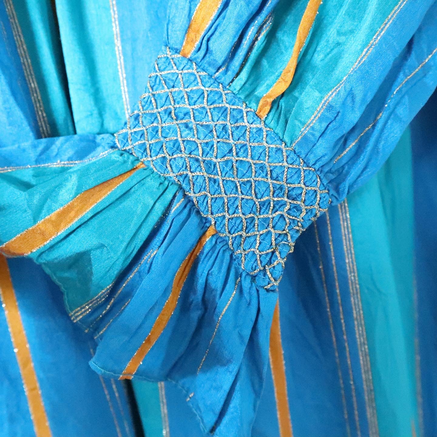 Vintage 70s Turquoise and Gold Party Maxi Dress. Long Sleeve. Collared. Size 14.