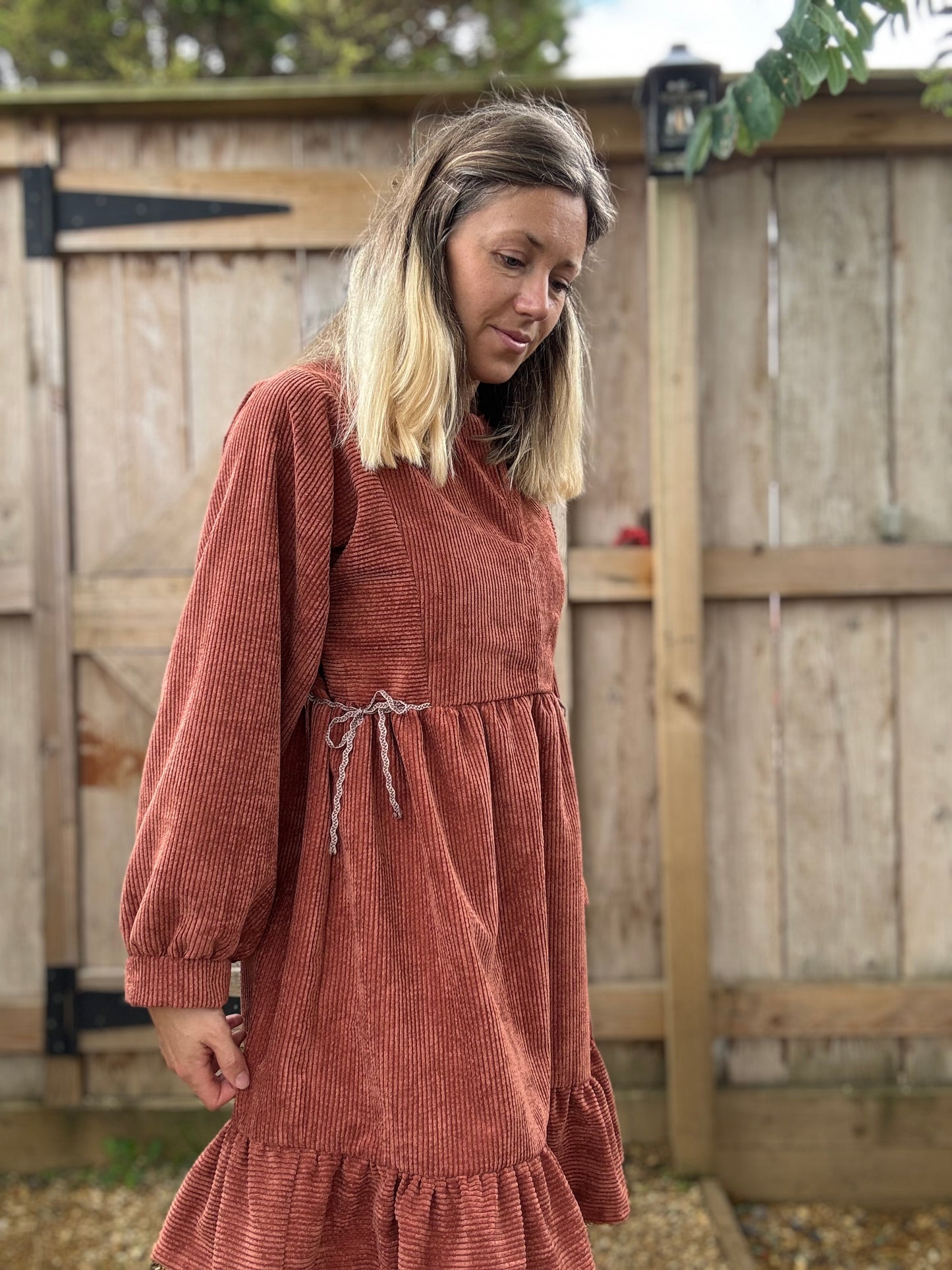 The Luna Dress in red clay corduroy