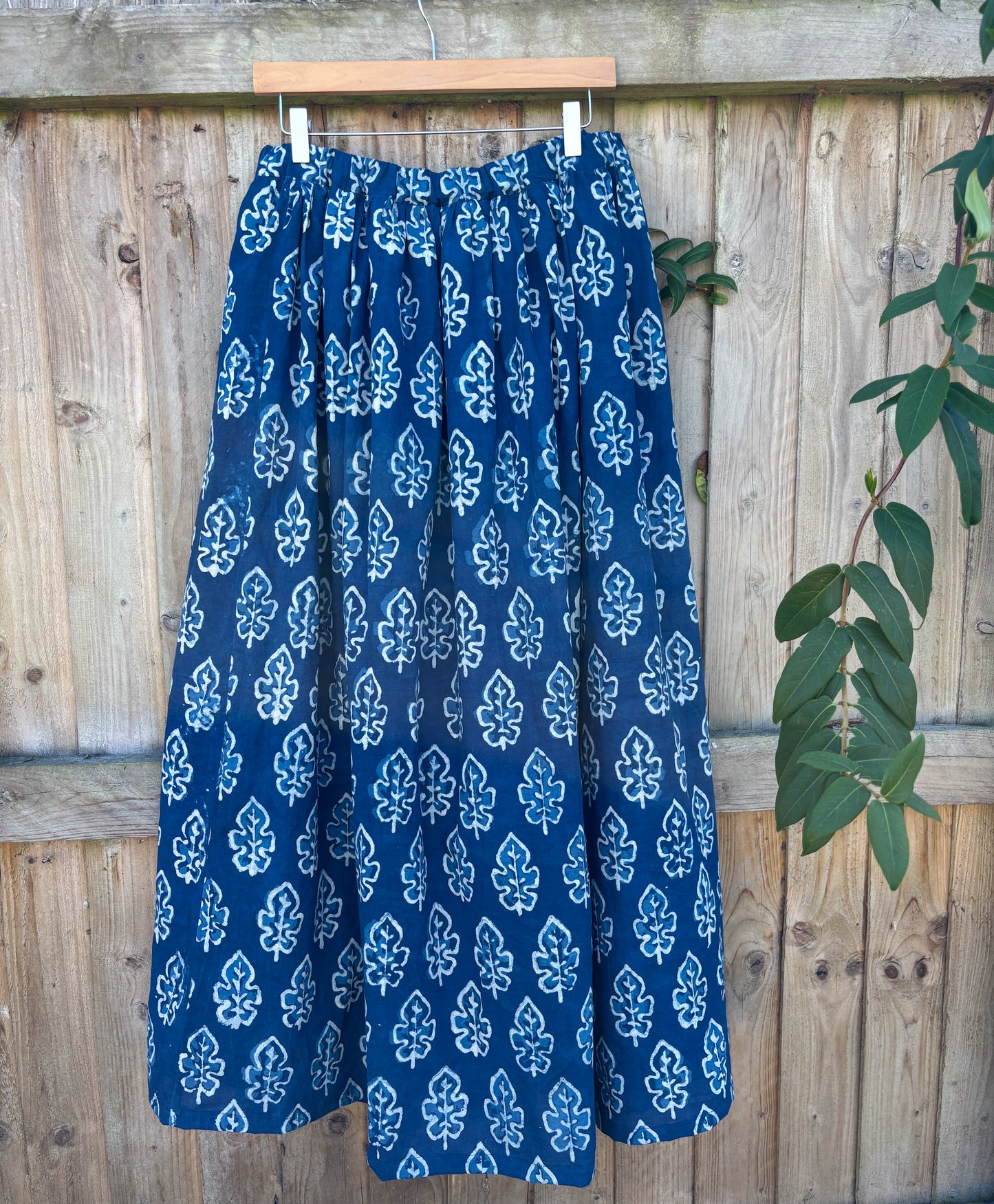 Indigo blockprint maxi skirt. Leaf print. Size 16