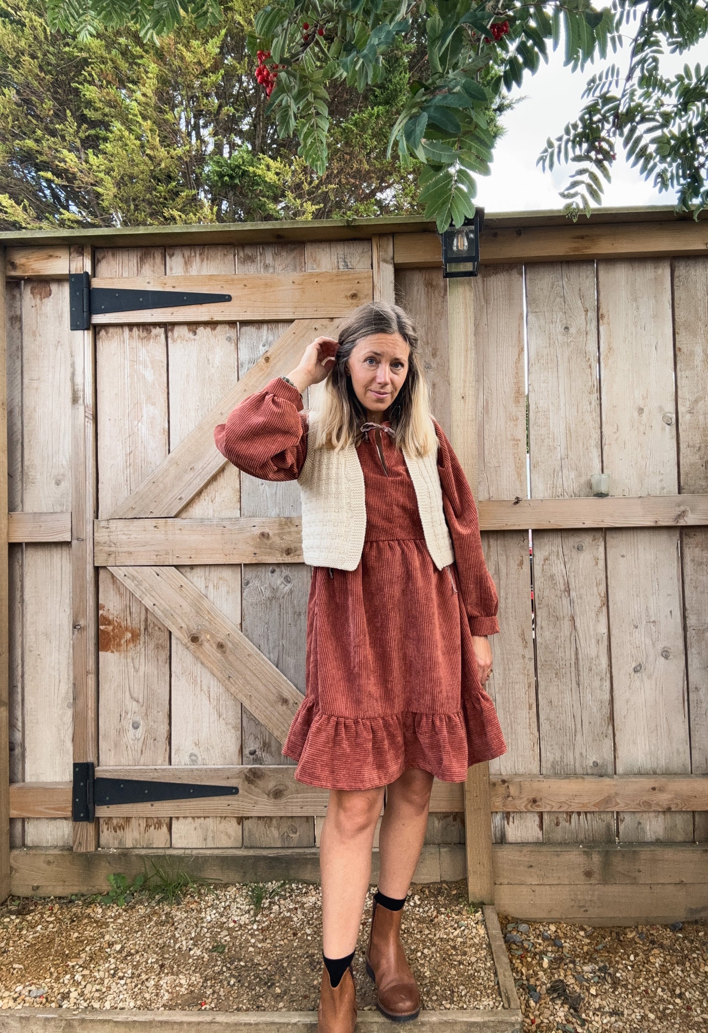 The Luna Dress in red clay corduroy