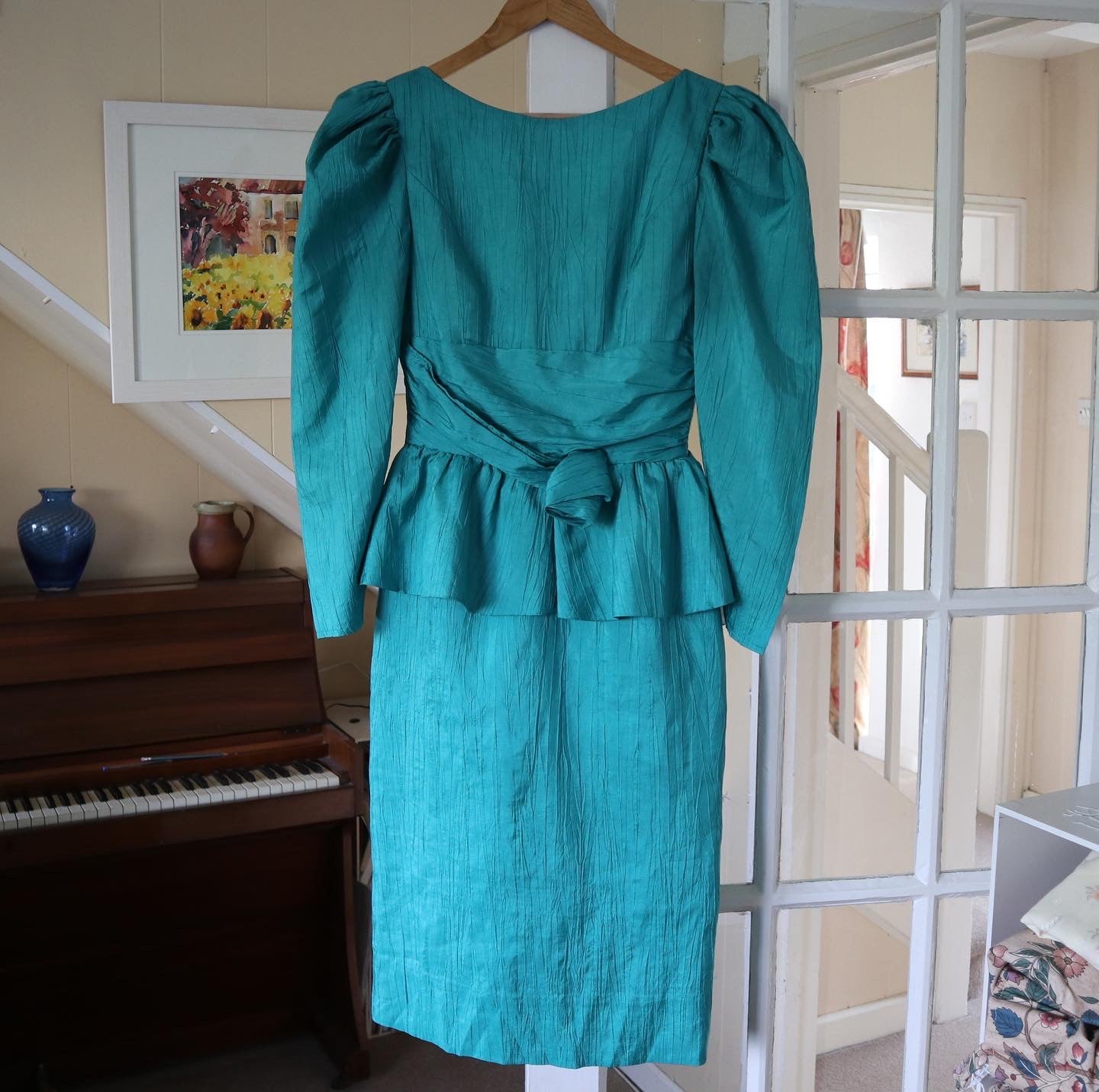 Vintage 1970s Chiffon Turquoise Maxi Dress. Empire Bust. Summer Dress. Size 8.