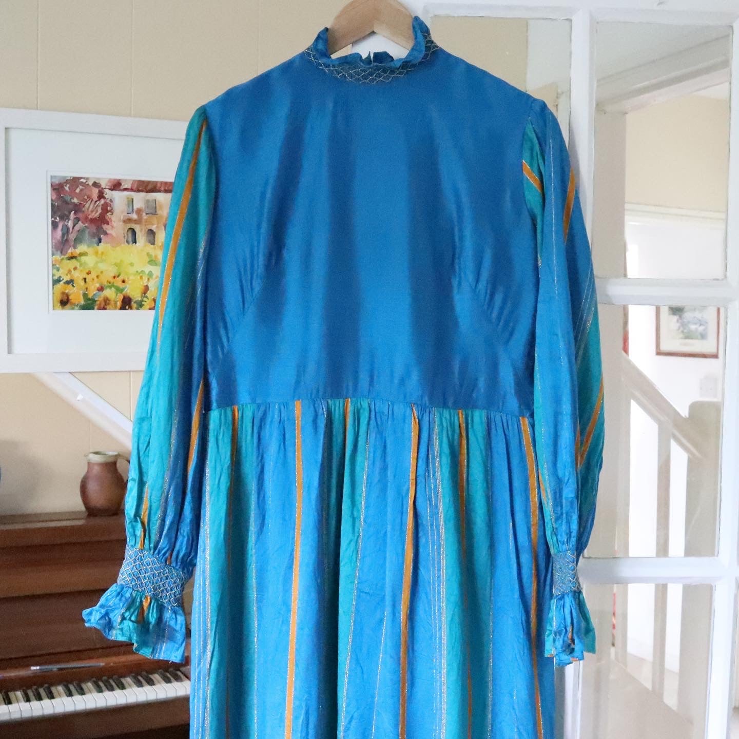 Vintage 70s Turquoise and Gold Party Maxi Dress. Long Sleeve. Collared. Size 14.