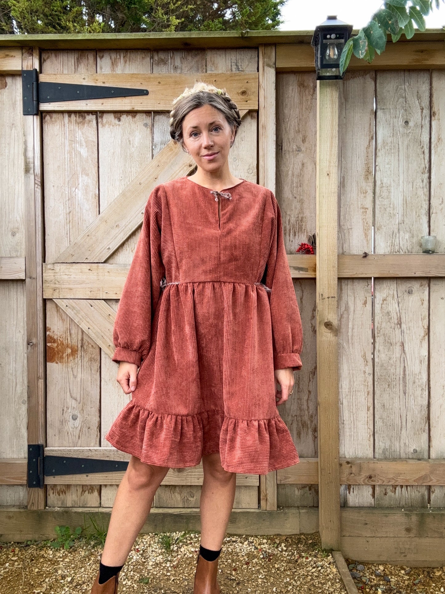 The Luna Dress in red clay corduroy