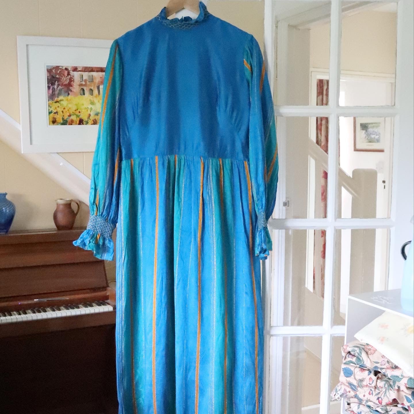 Vintage 70s Turquoise and Gold Party Maxi Dress. Long Sleeve. Collared. Size 14.