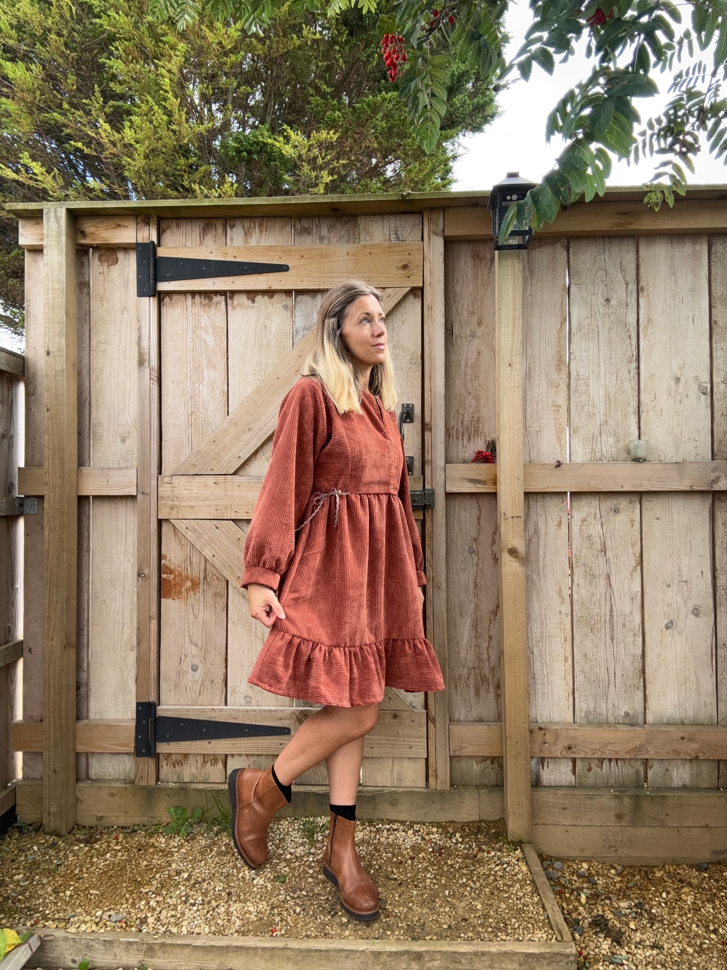 The Luna Dress in red clay corduroy