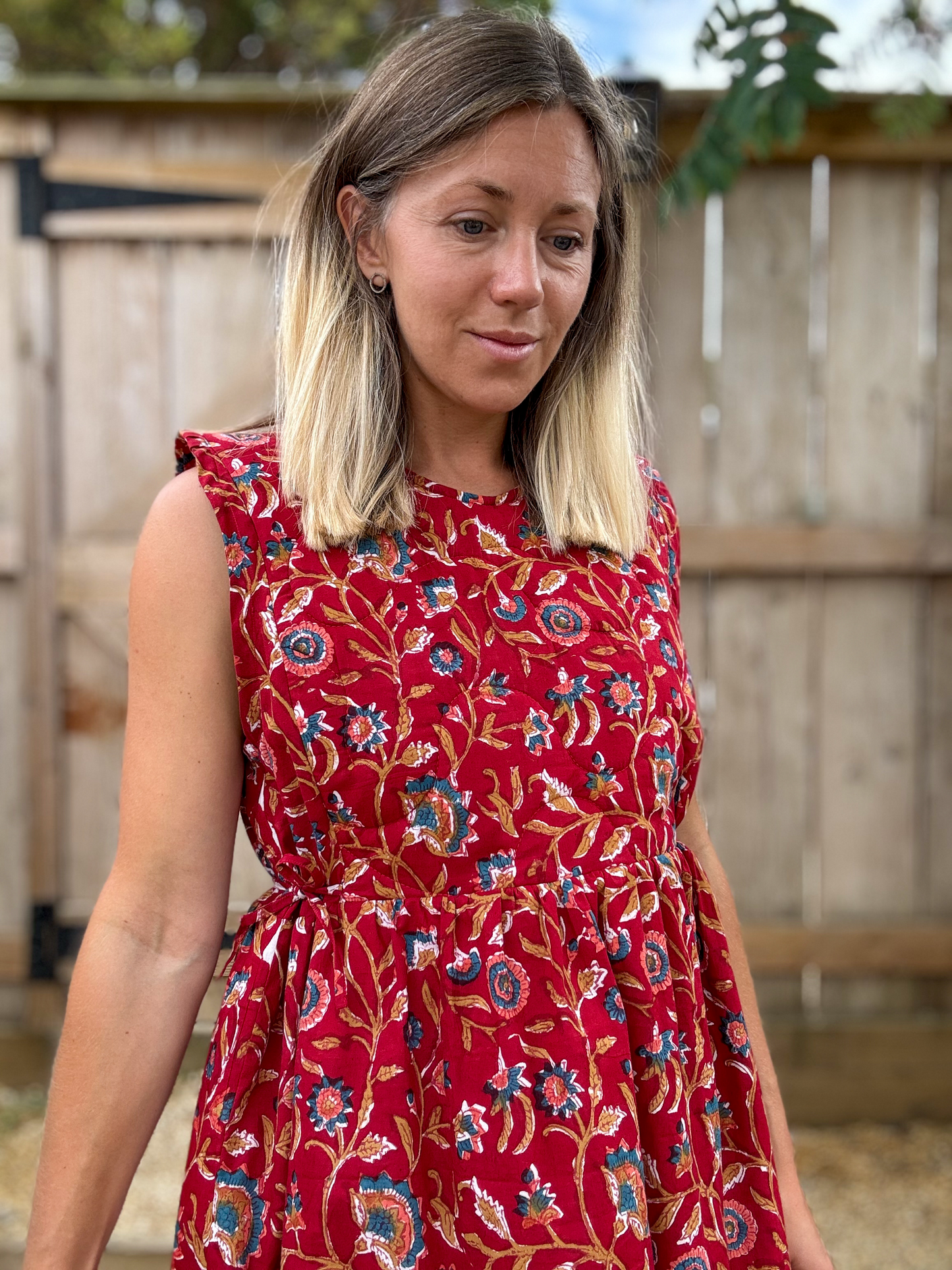 Red floral blockprint cotton dress size 12-14