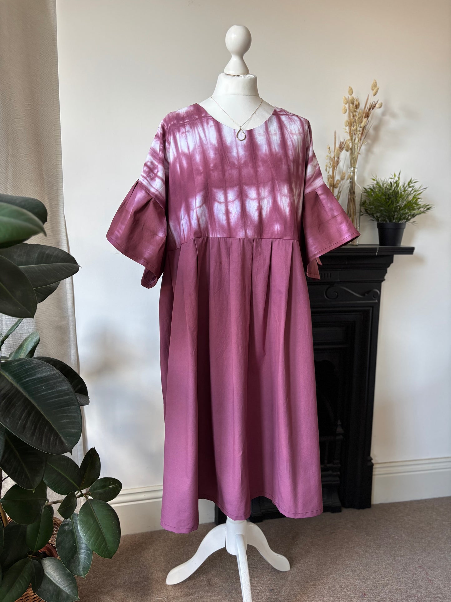 The Florence Dress. Handmade oversized cotton dress. Shibori. In Plum. Fits a size 10-14