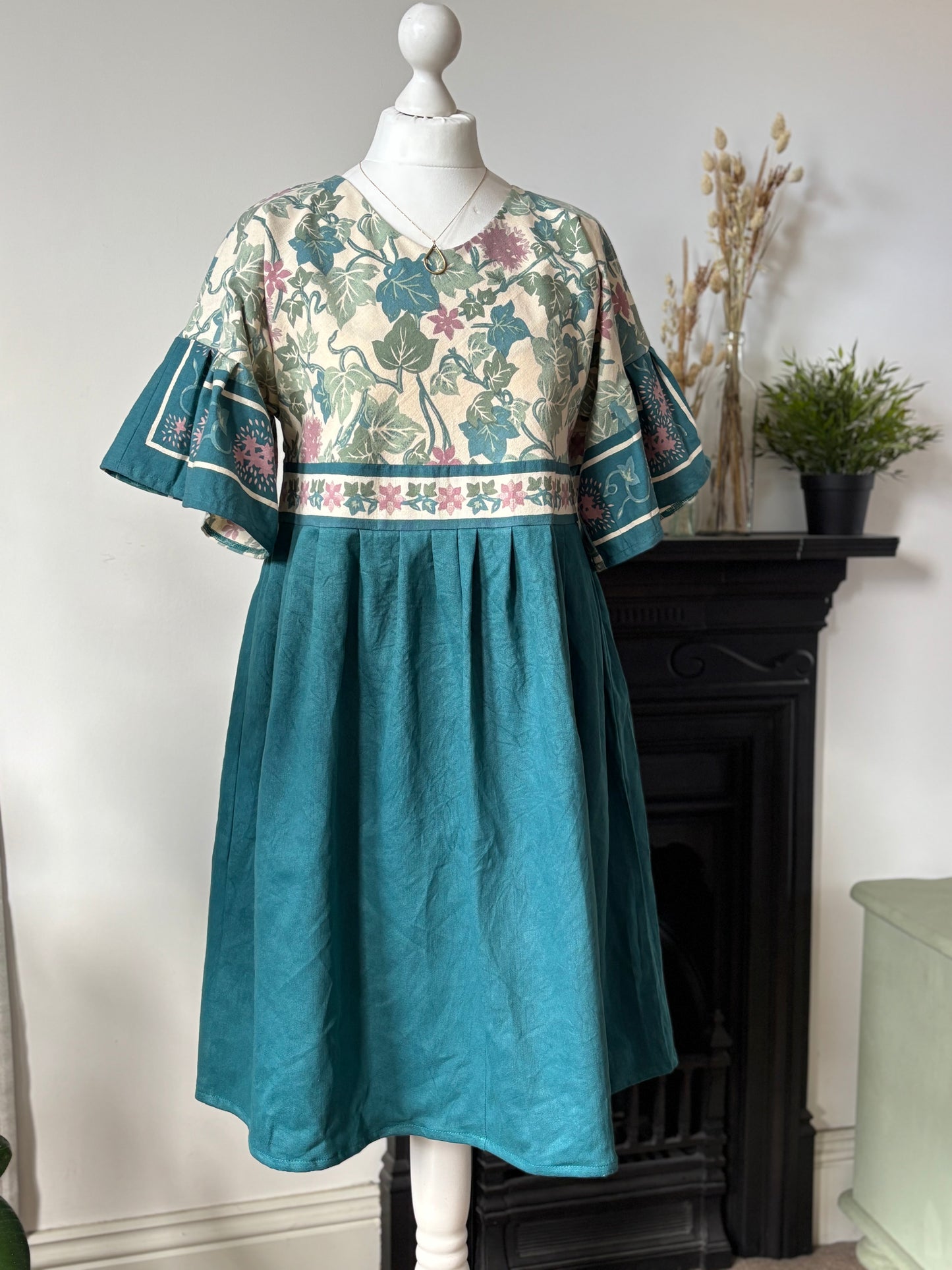 The Florence Dress. Upcycled Indian Cotton Throw. Teal. floral. Ruffle Sleeves. Size 8-12