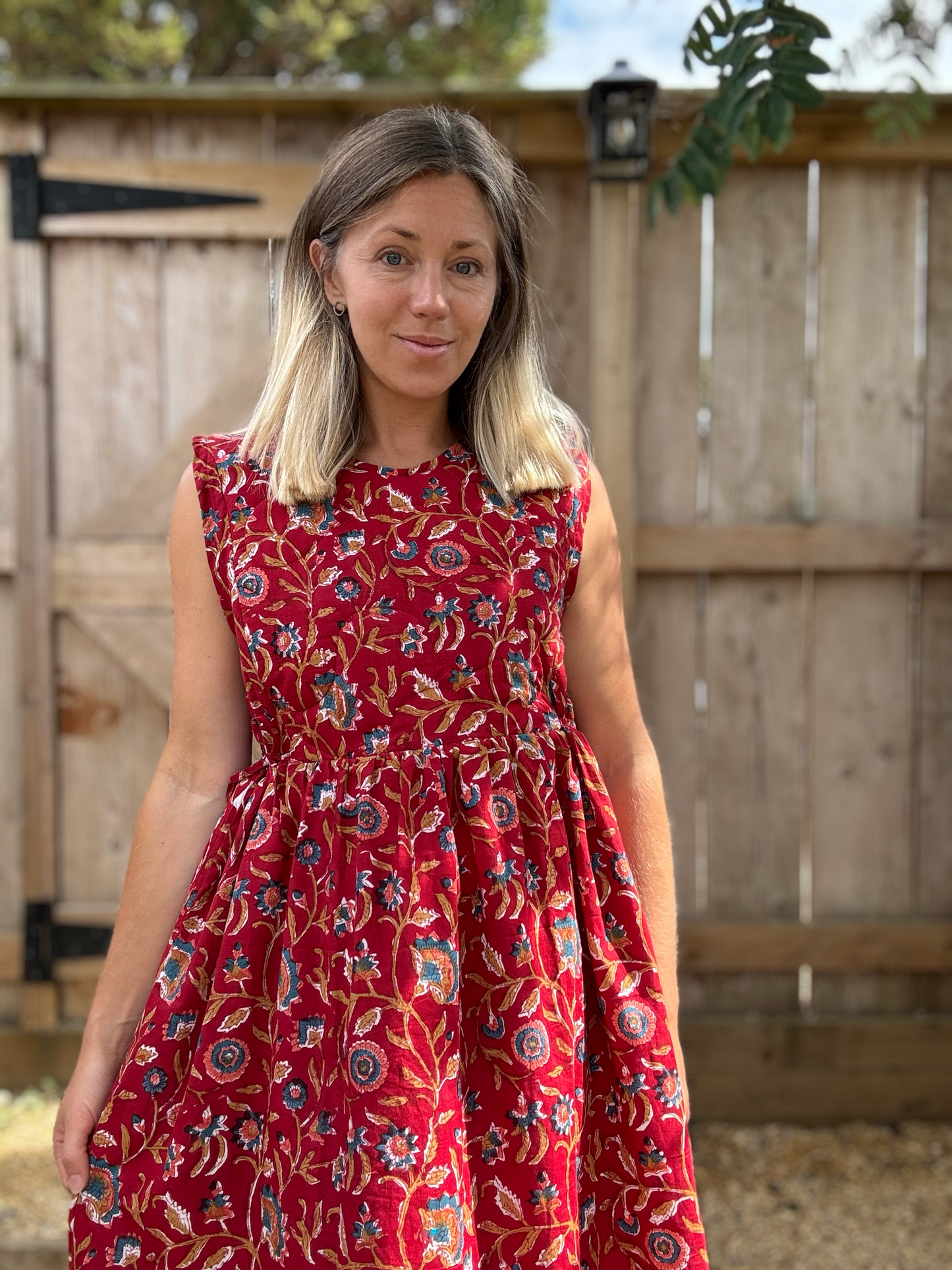 Red floral blockprint cotton dress size 12-14