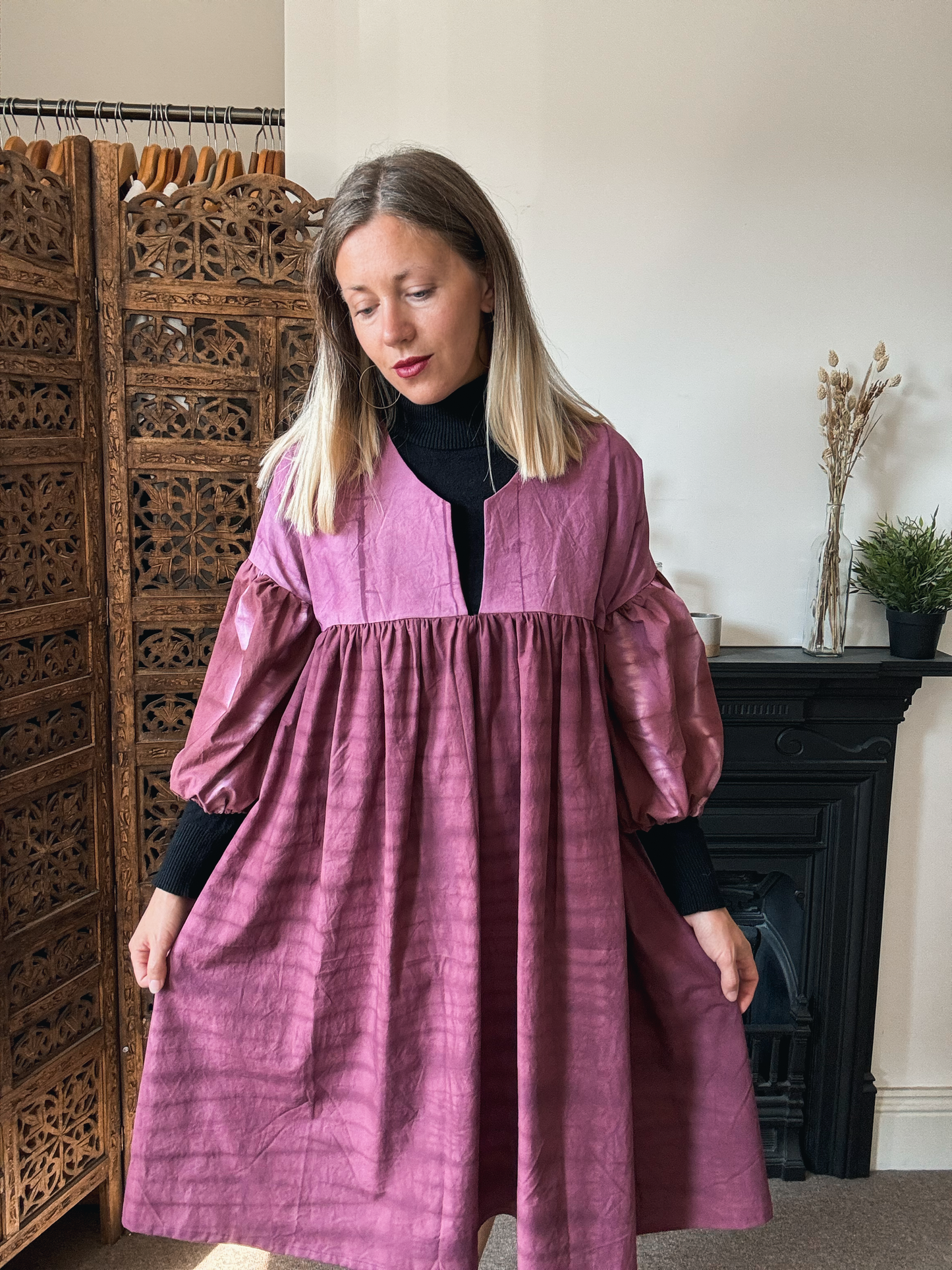 Plum cotton puff sleeve dress. Size 10-14