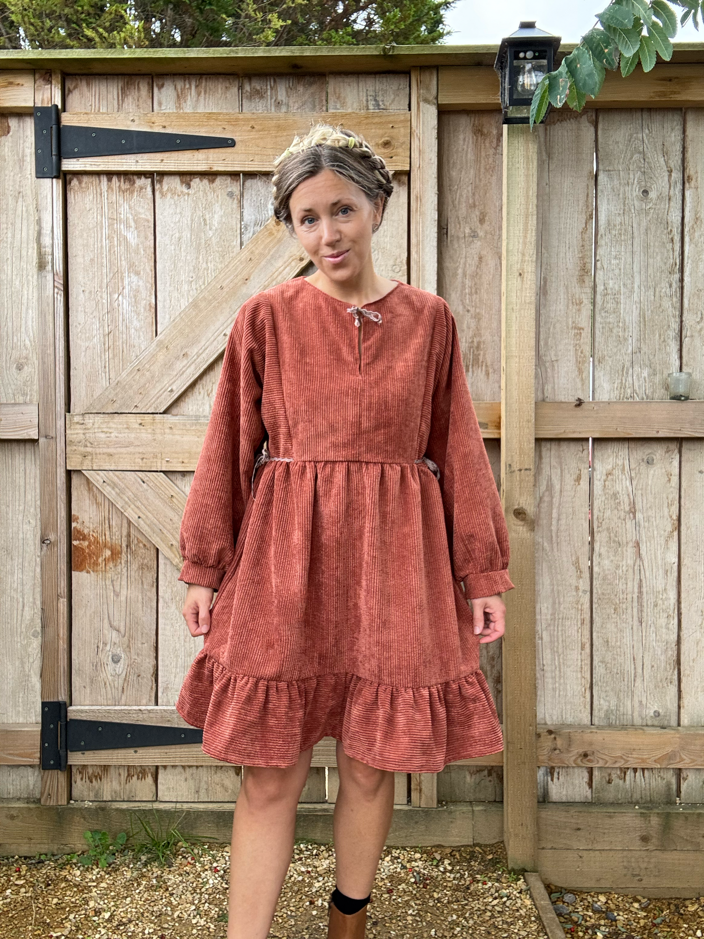 The Luna Dress in red clay corduroy
