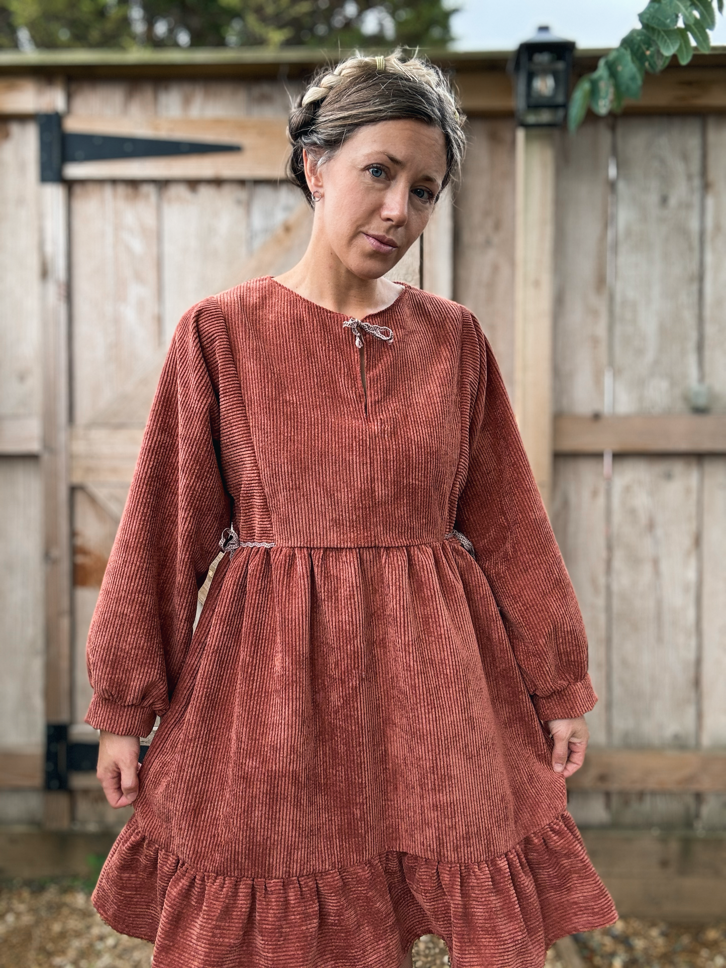 The Luna Dress in red clay corduroy