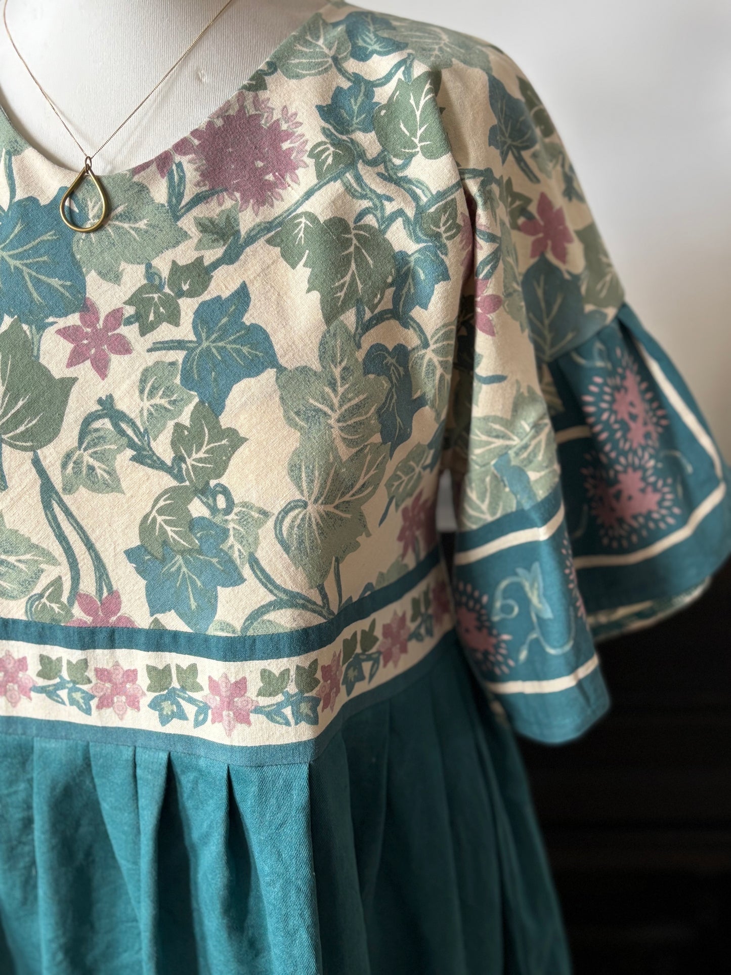 The Florence Dress. Upcycled Indian Cotton Throw. Teal. floral. Ruffle Sleeves. Size 8-12