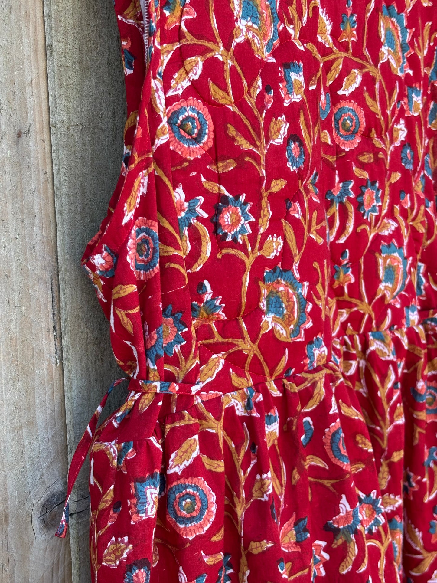 Red floral blockprint cotton dress size 12-14