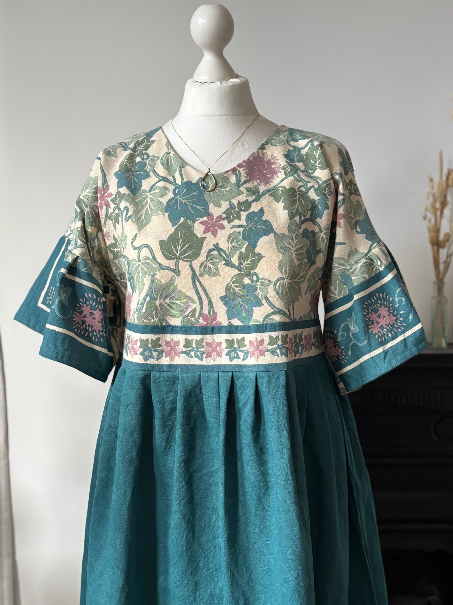 The Florence Dress. Upcycled Indian Cotton Throw. Teal. floral. Ruffle Sleeves. Size 8-12
