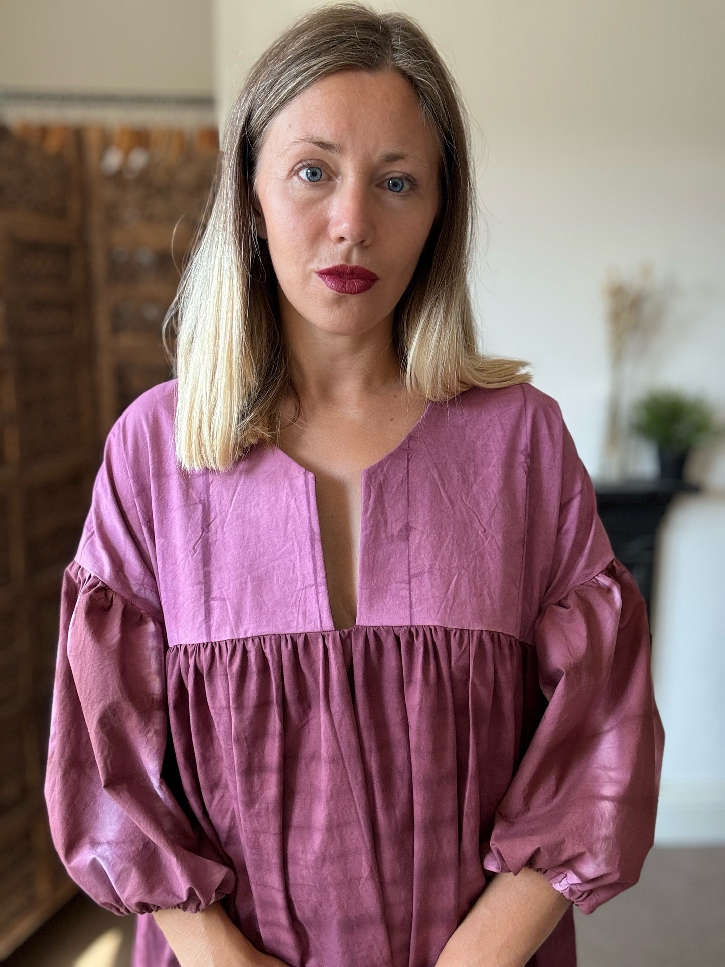 Plum cotton puff sleeve dress. Size 10-14