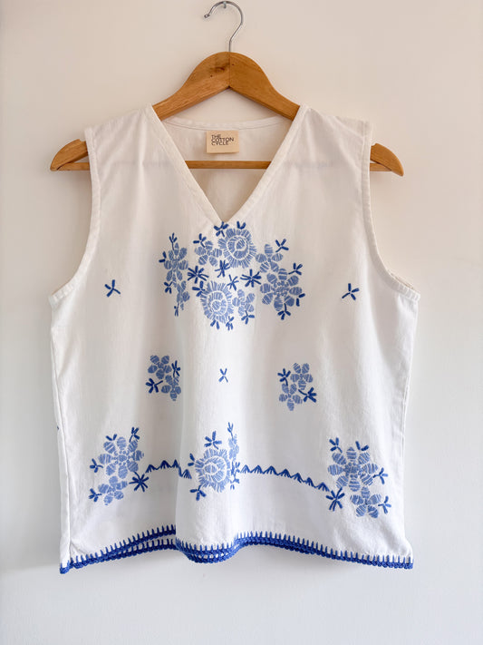 White cotton blue embroidered vest top size 12-14
