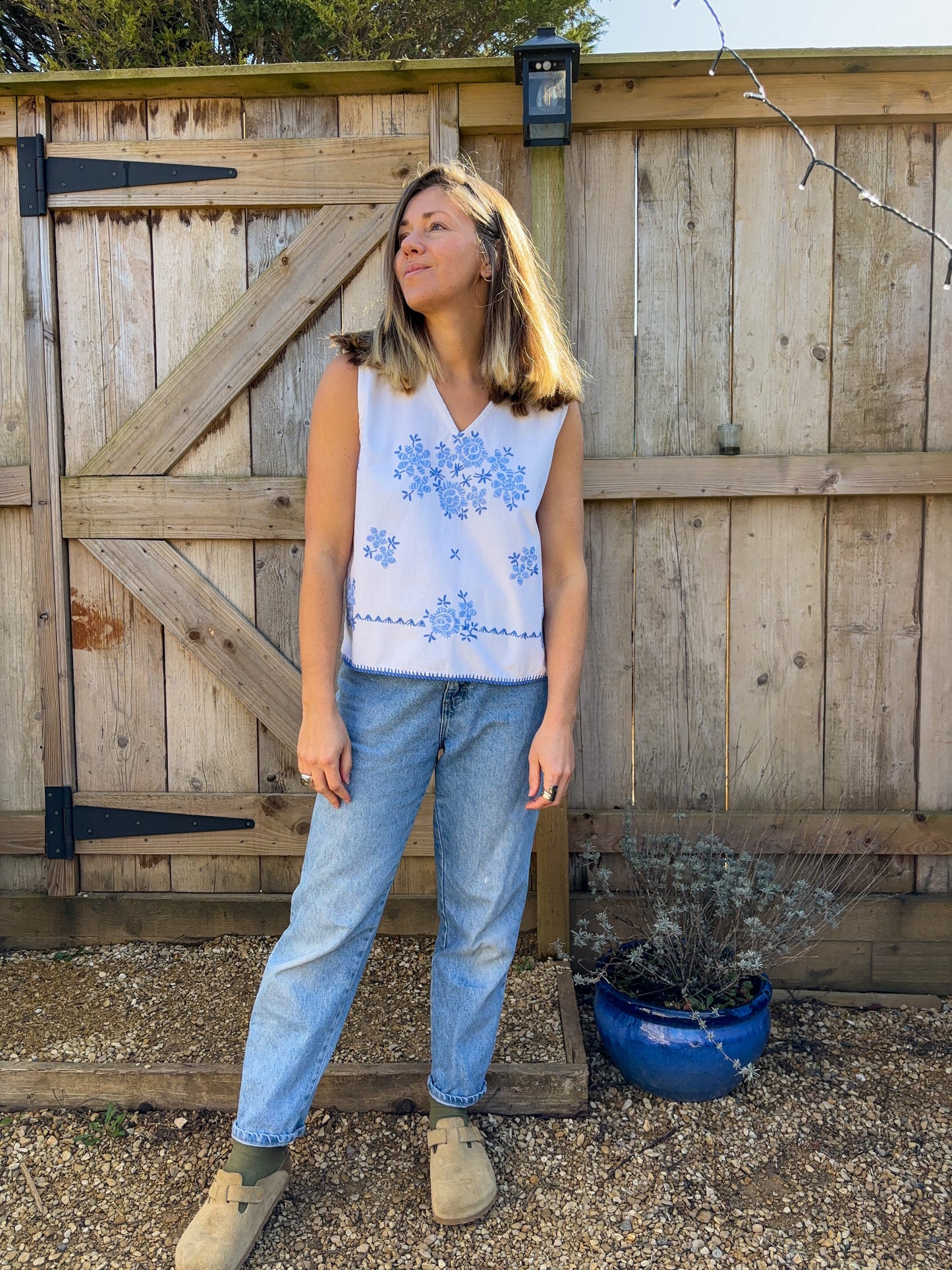 White cotton blue embroidered vest top size 12-14