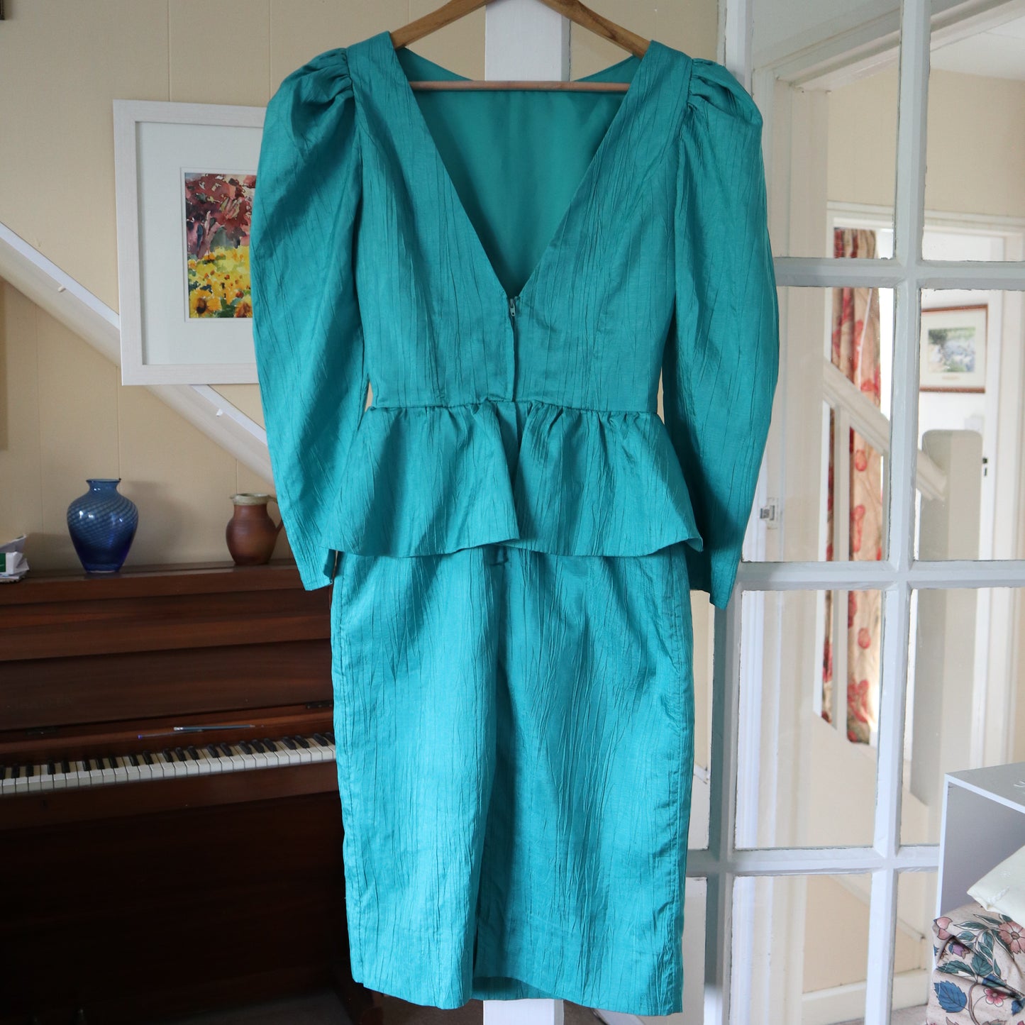 Vintage 1970s Chiffon Turquoise Maxi Dress. Empire Bust. Summer Dress. Size 8.