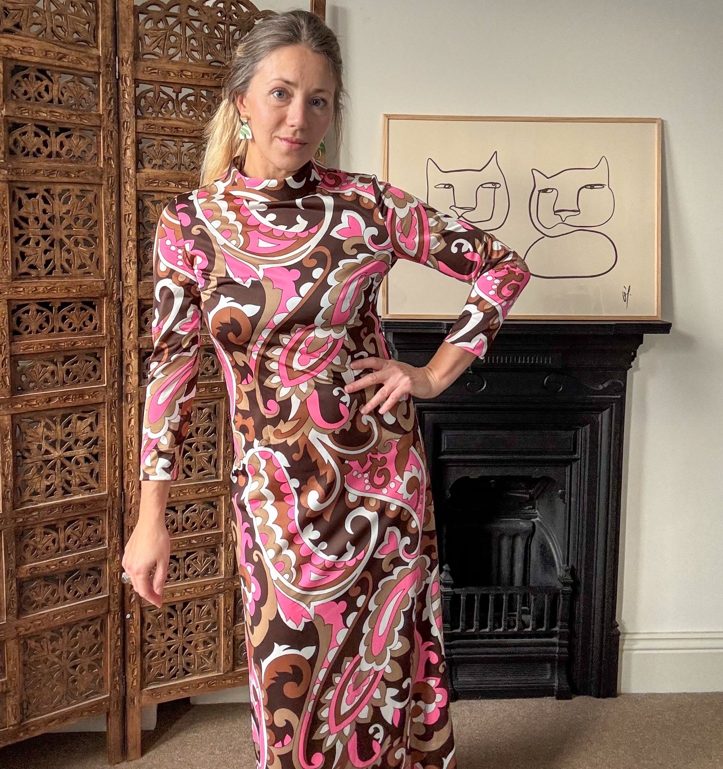 Vintage 1970s Maxi Dress by St Michael. Pink and brown psychedelic print. Size 10