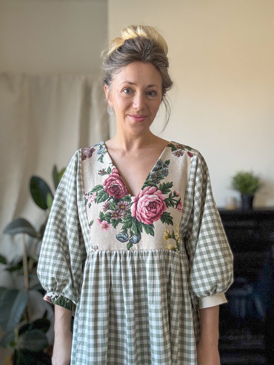 The Luna Dress in Green Gingham Floral Print. Sizes 6-20
