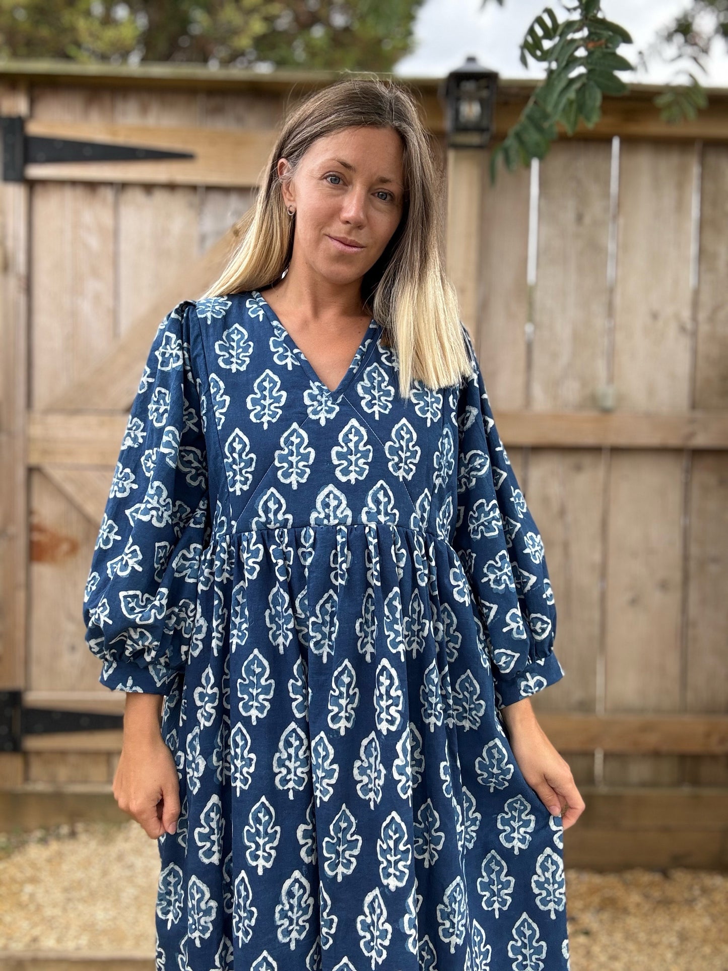 Indigo blockprint cotton dress. Size 14-16