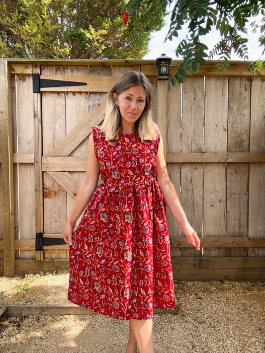 Red floral blockprint cotton dress size 12-14