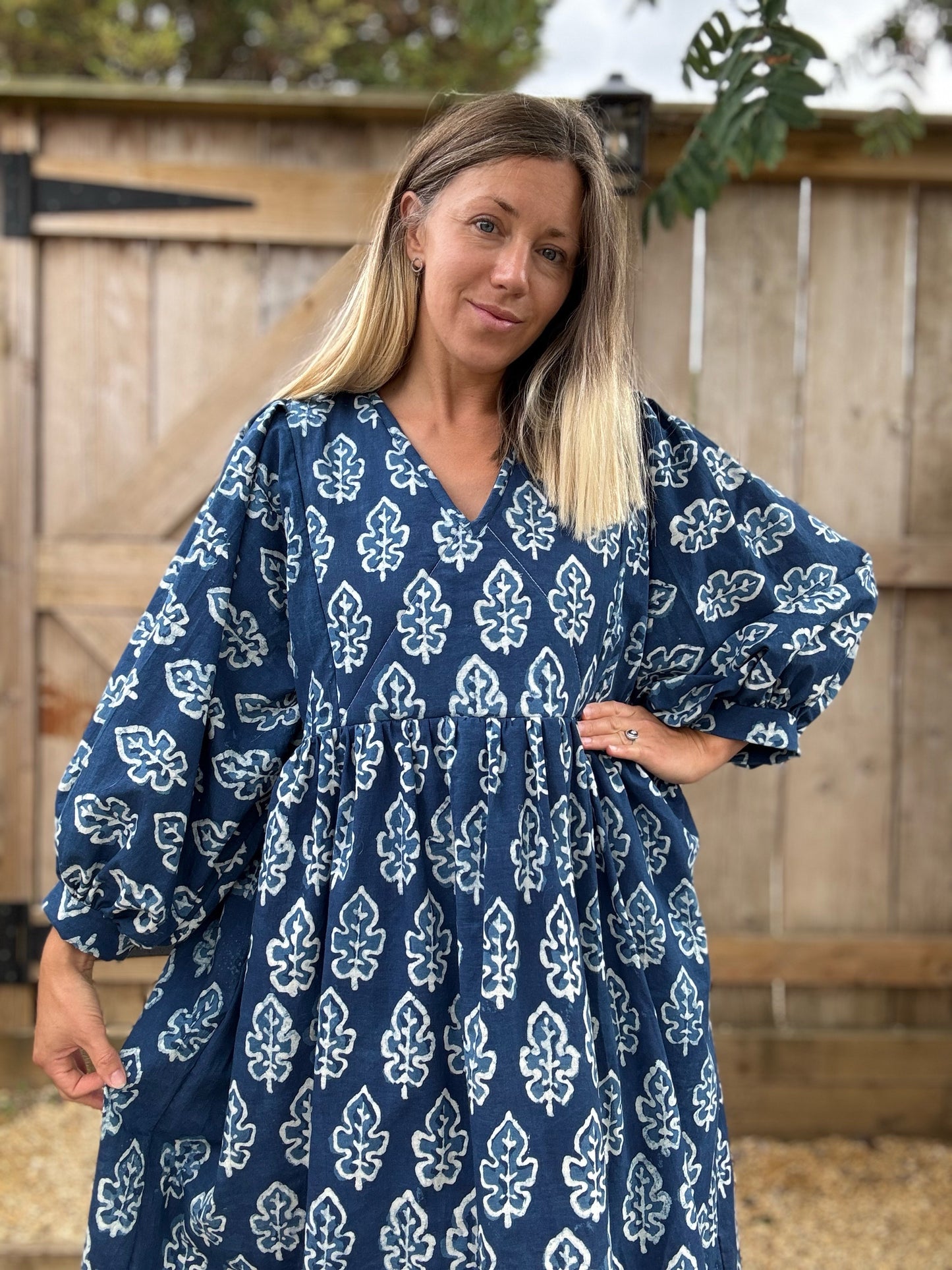 Indigo blockprint cotton dress. Size 14-16