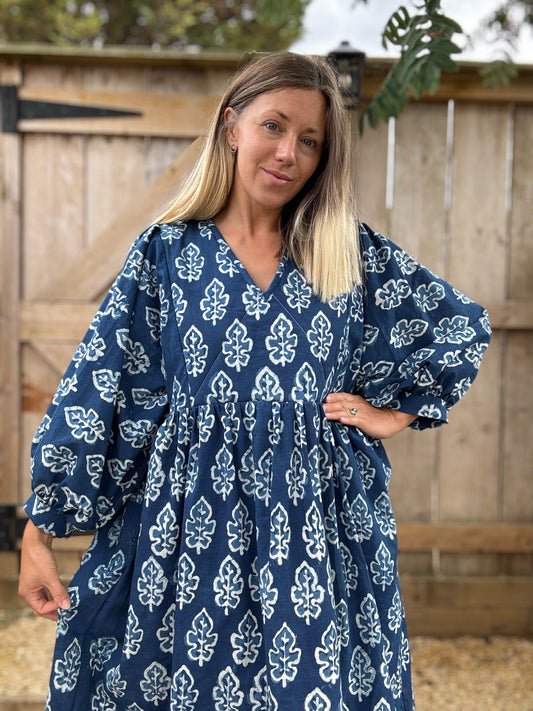 Indigo blockprint cotton dress. Size 14-16
