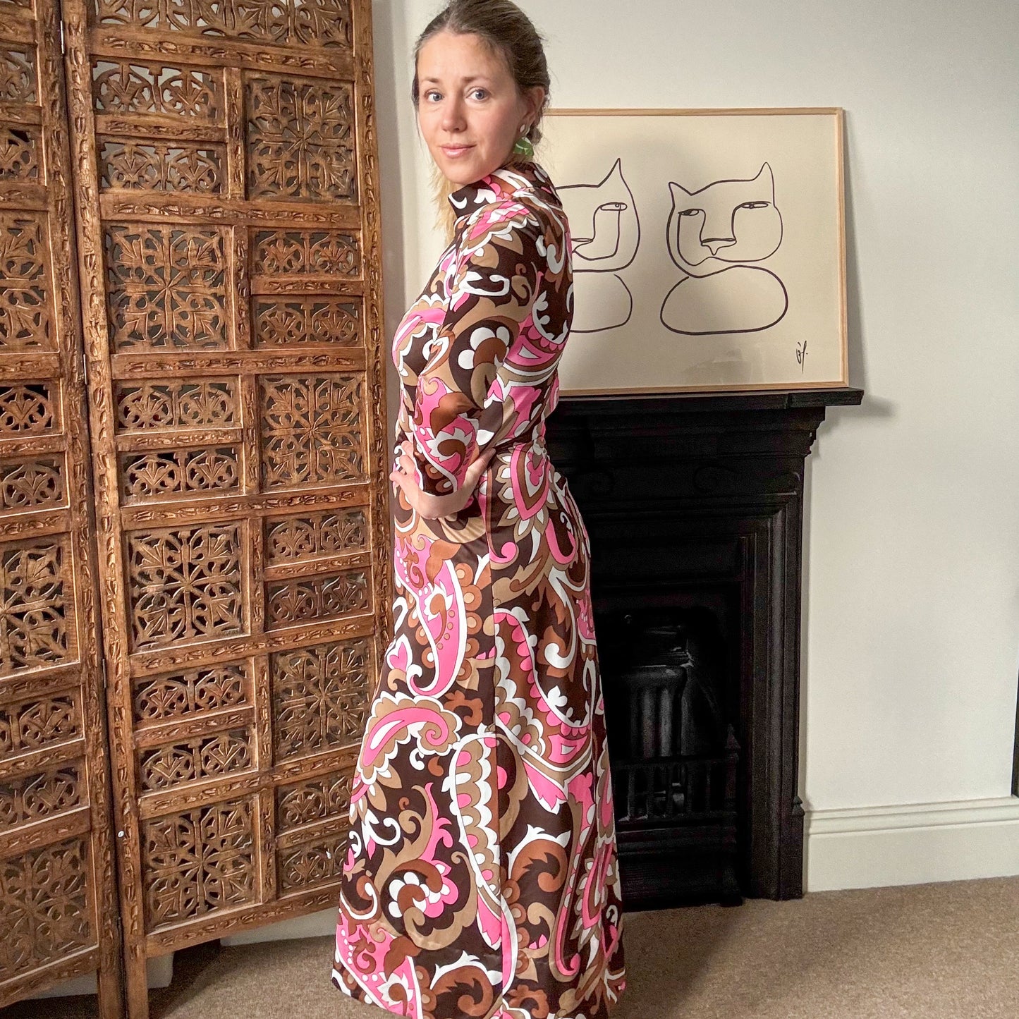 Vintage 1970s Maxi Dress by St Michael. Pink and brown psychedelic print. Size 10