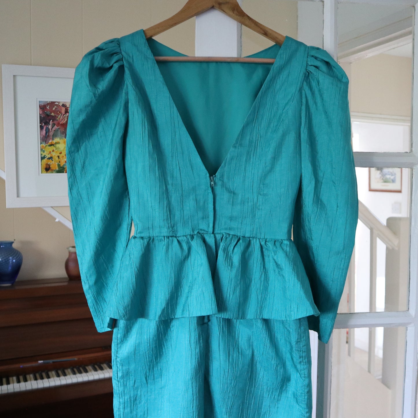 Vintage 1970s Chiffon Turquoise Maxi Dress. Empire Bust. Summer Dress. Size 8.