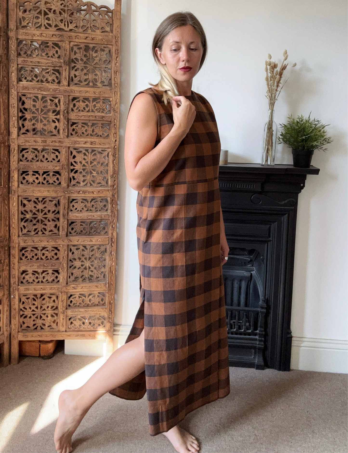 The Robin dress. In chestnut and navy check. Size 12