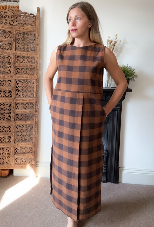 The Robin dress. In chestnut and navy check. Size 12