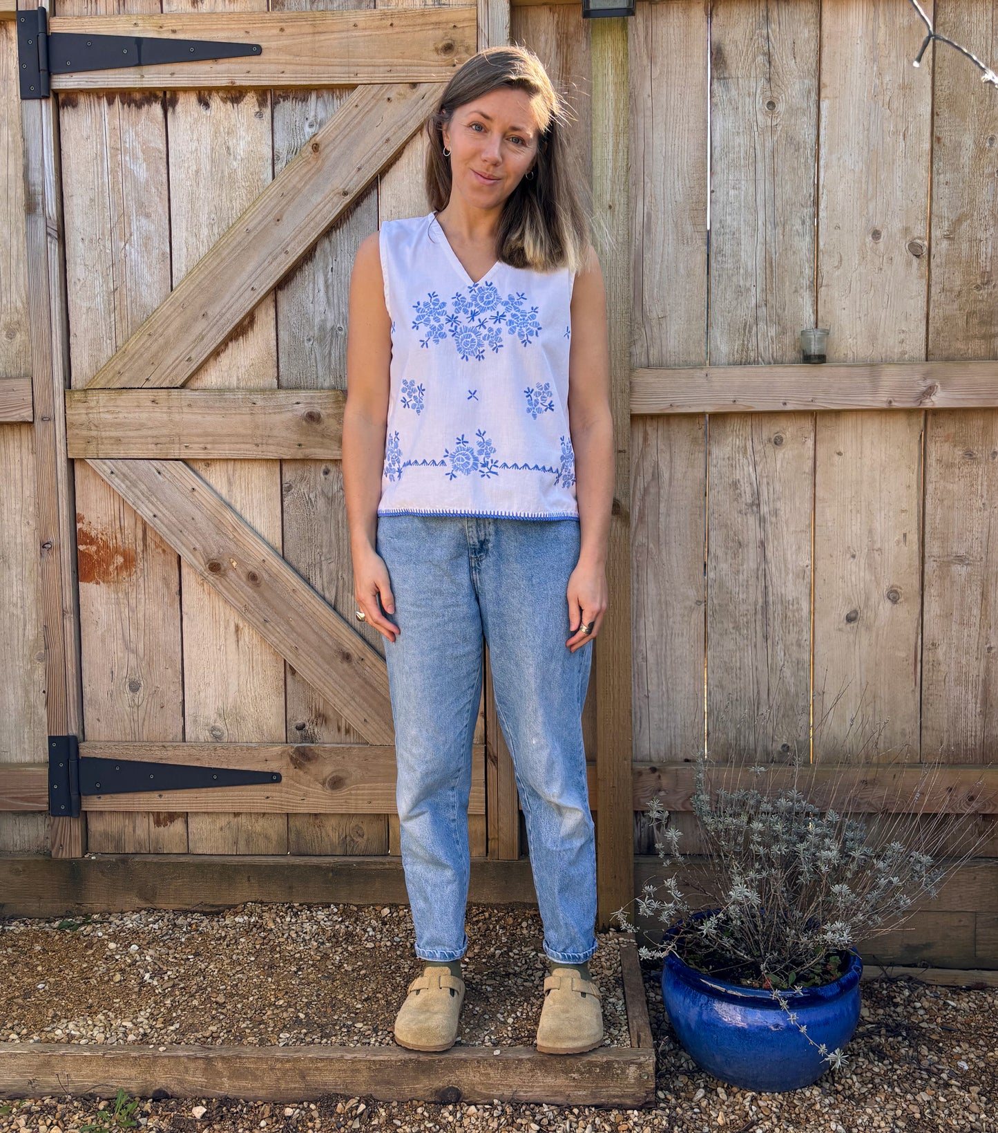White cotton blue embroidered vest top size 12-14