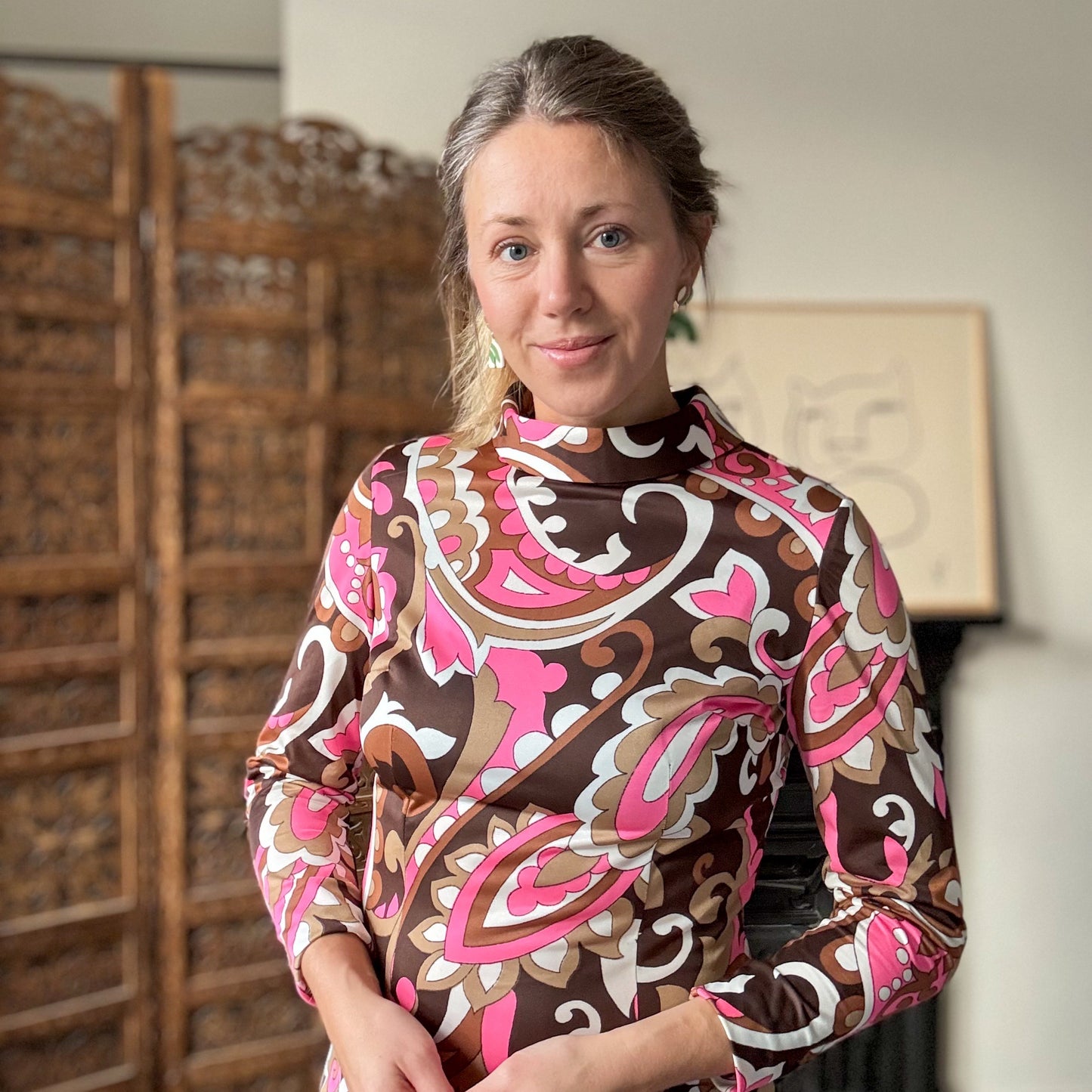 Vintage 1970s Maxi Dress by St Michael. Pink and brown psychedelic print. Size 10