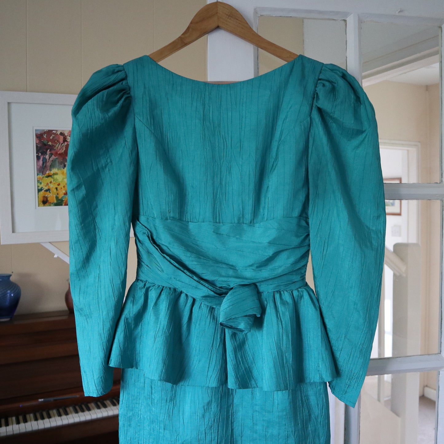 Vintage 1970s Chiffon Turquoise Maxi Dress. Empire Bust. Summer Dress. Size 8.