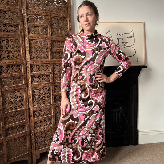 Vintage 1970s Maxi Dress by St Michael. Pink and brown psychedelic print. Size 10