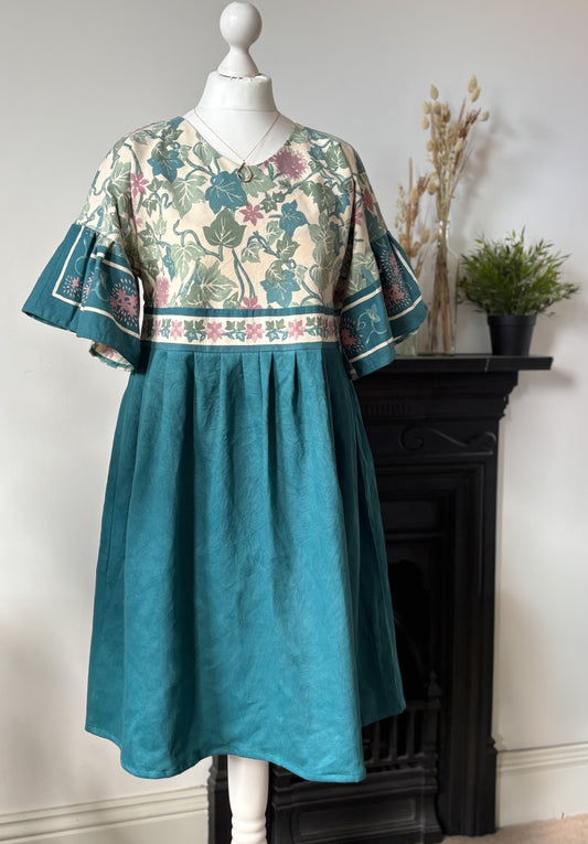 The Florence Dress. Upcycled Indian Cotton Throw. Teal. floral. Ruffle Sleeves. Size 8-12