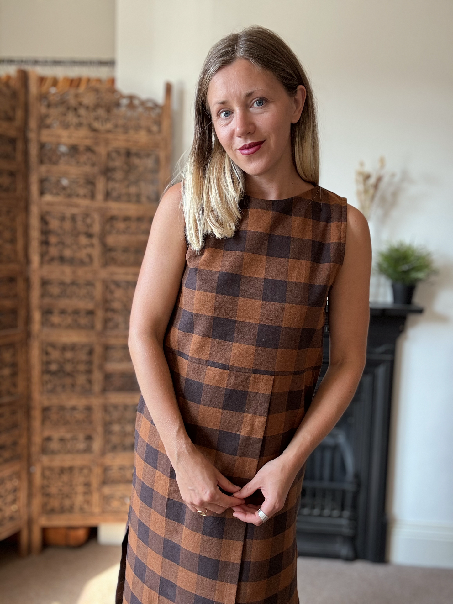 The Robin dress. In chestnut and navy check. Size 12