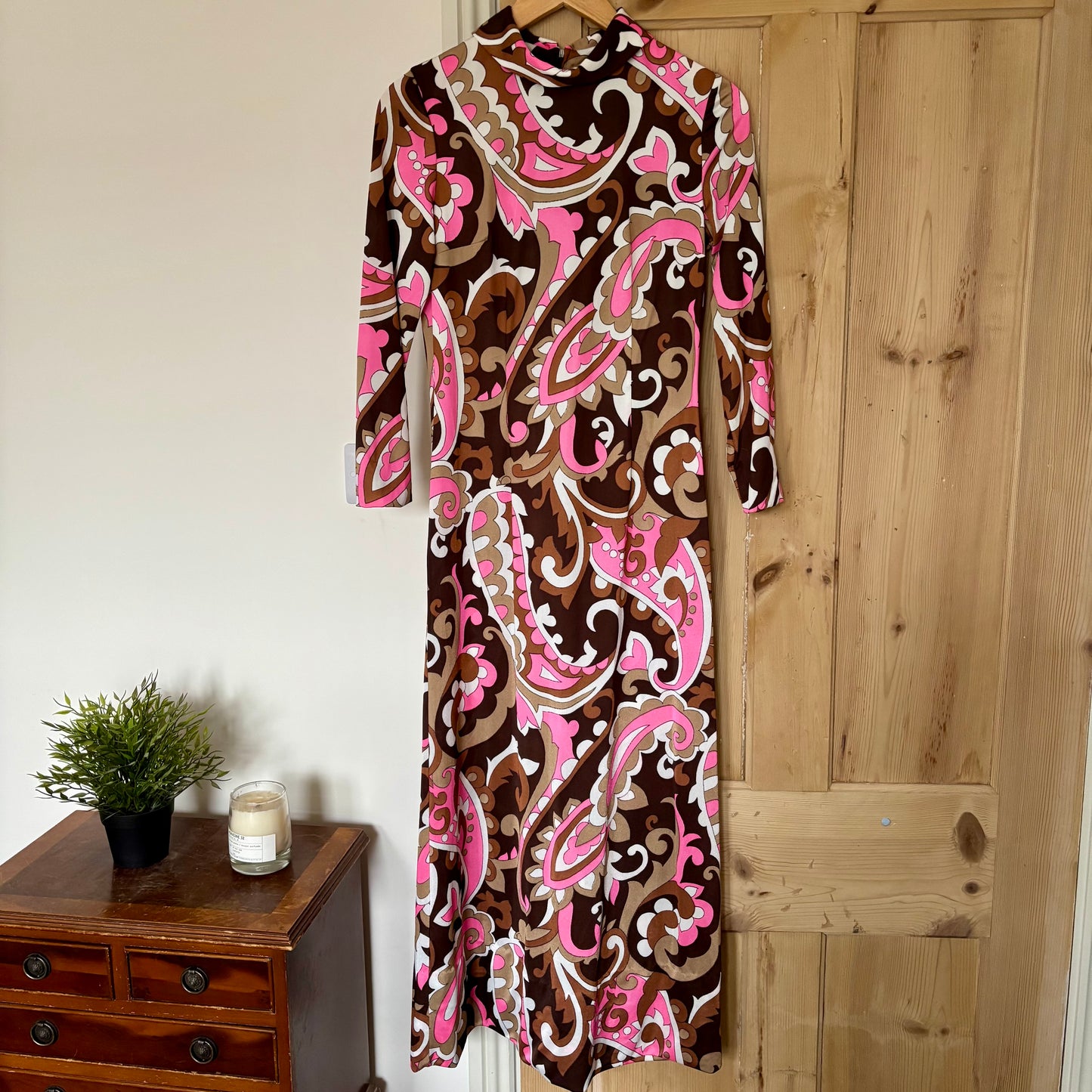 Vintage 1970s Maxi Dress by St Michael. Pink and brown psychedelic print. Size 10