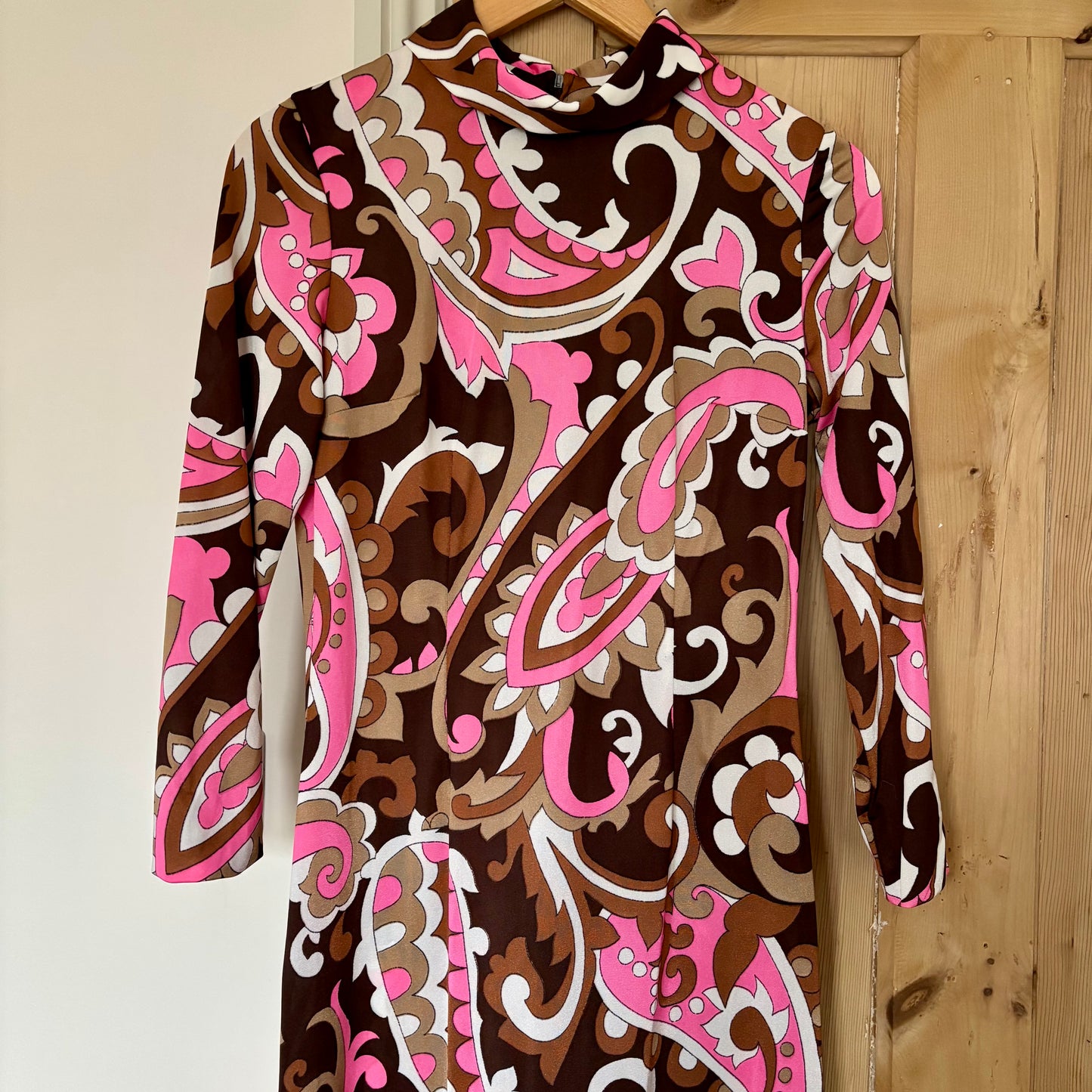 Vintage 1970s Maxi Dress by St Michael. Pink and brown psychedelic print. Size 10