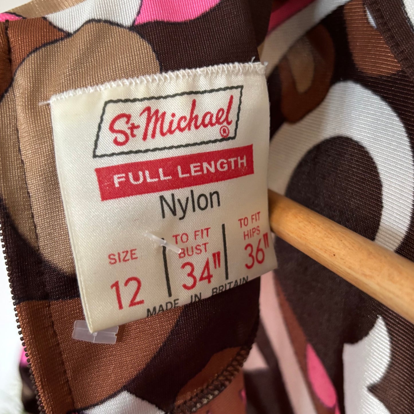 Vintage 1970s Maxi Dress by St Michael. Pink and brown psychedelic print. Size 10
