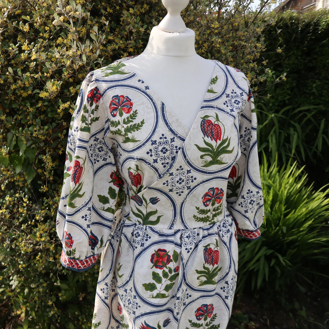 Cotton summer wrap dress. Handmade from vintage curtains. Puff Sleeves. Print. Size 10.