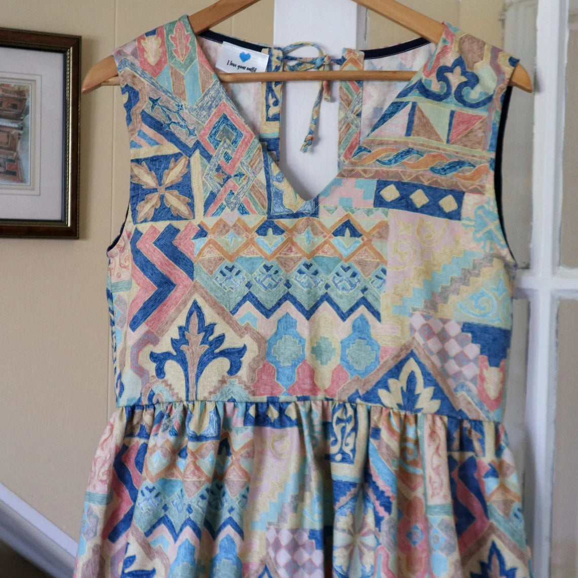 Cotton pastel Aztek print summer midi dress with cut out/ tie back. Handmade from vintage curtains. V neck. Size 10-12.