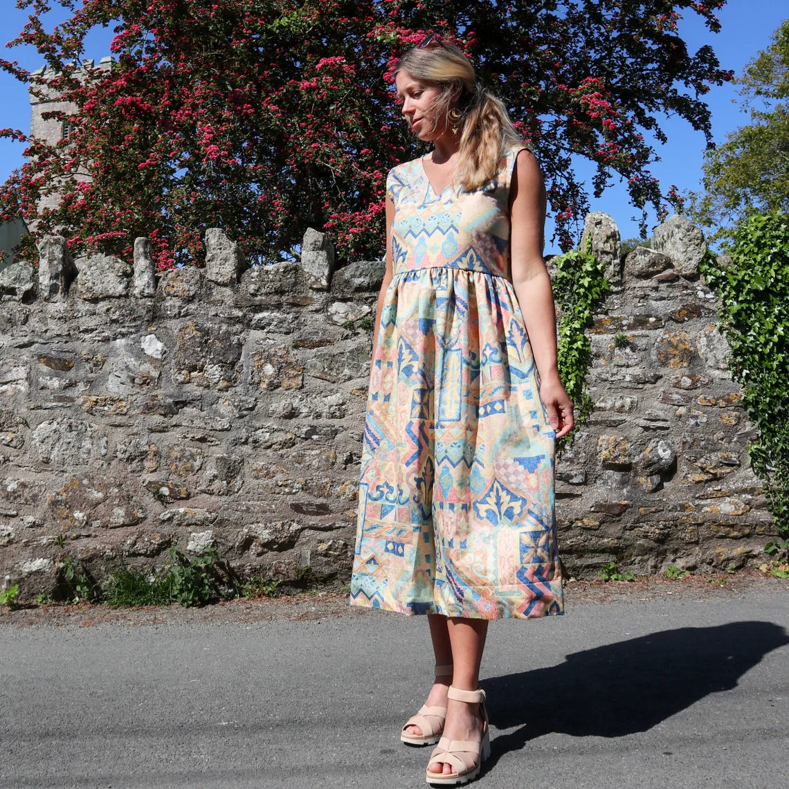Cotton pastel Aztek print summer midi dress with cut out/ tie back. Handmade from vintage curtains. V neck. Size 10-12.