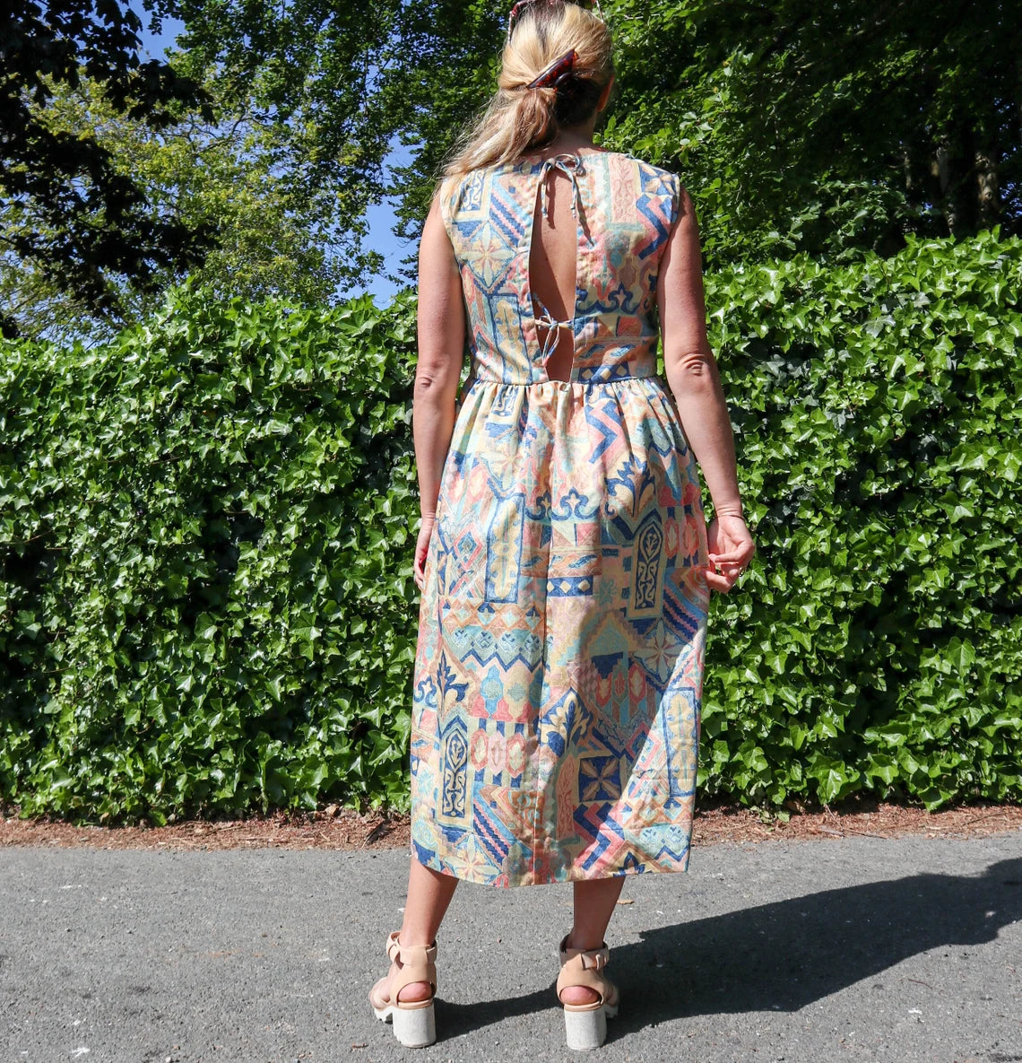 Cotton pastel Aztek print summer midi dress with cut out/ tie back. Handmade from vintage curtains. V neck. Size 10-12.