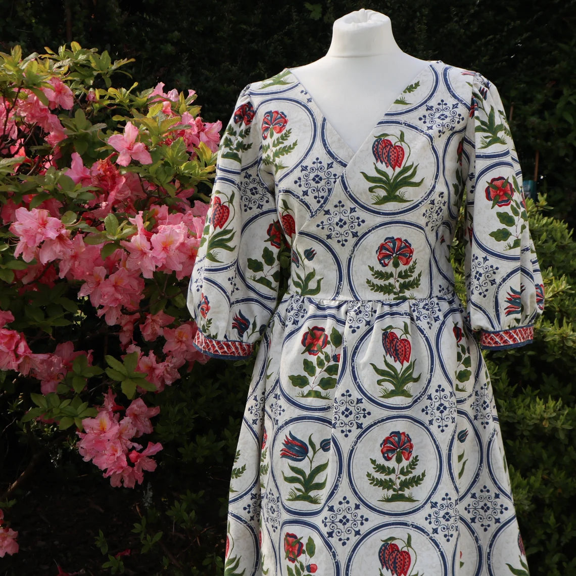 Cotton summer wrap dress. Handmade from vintage curtains. Puff Sleeves. Print. Size 10.