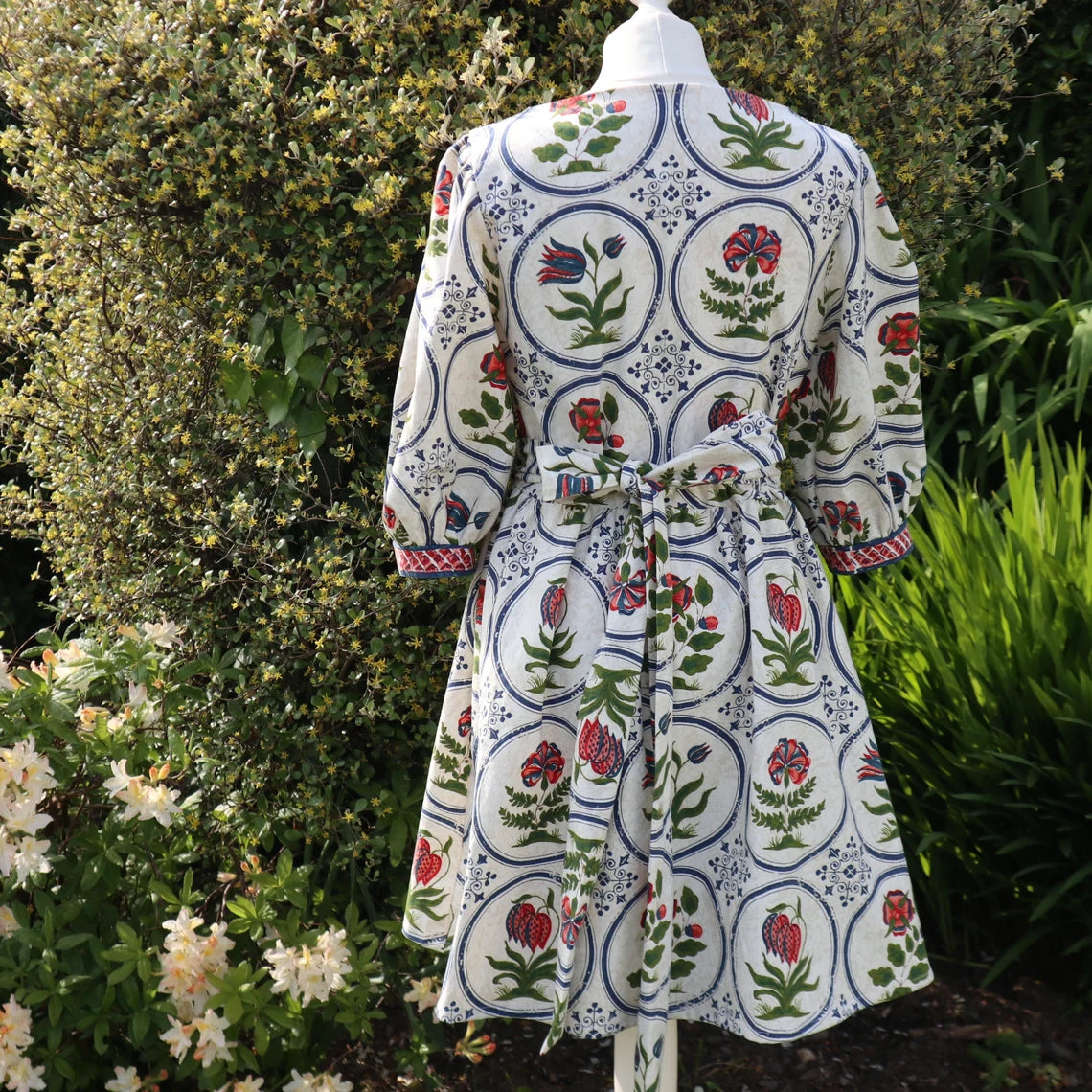 Cotton summer wrap dress. Handmade from vintage curtains. Puff Sleeves. Print. Size 10.