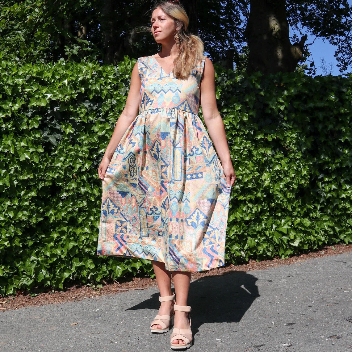 Cotton pastel Aztek print summer midi dress with cut out/ tie back. Handmade from vintage curtains. V neck. Size 10-12.