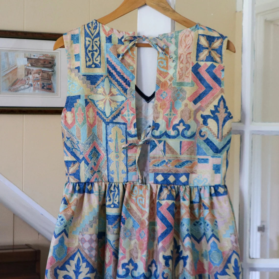 Cotton pastel Aztek print summer midi dress with cut out/ tie back. Handmade from vintage curtains. V neck. Size 10-12.